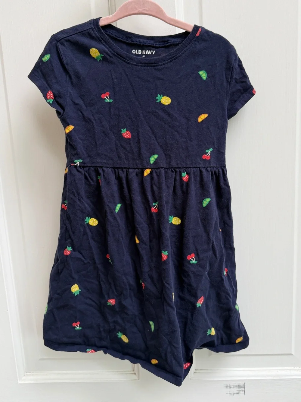 Old Navy Girls 4T Blue Fruit-Print Short Sleeve Casual Dress Strawberry Pineappl